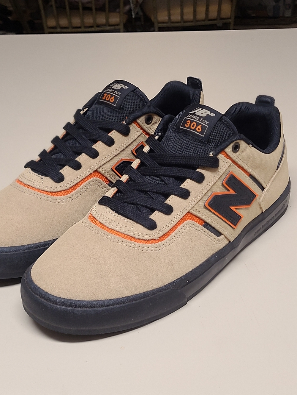 New Balance Men's Beige and Navy Sneakers with Orange Accents
